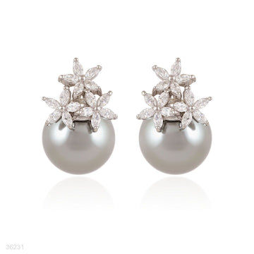 blossom cluster zircon silver earrings with gray pearl